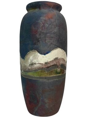 Vintage 1980s Signed Raku Fired Pottery Art Vase - Colorful Finish